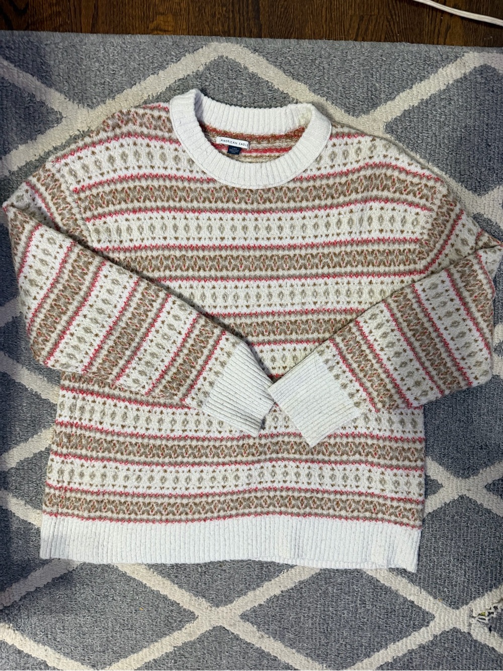 American Eagle Outfitters Cream, Tan & Pink Patterned Crewneck Sweater